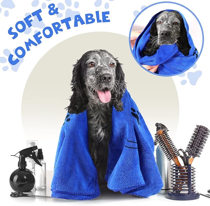 Chumia 4 Pcs Dog Towels for Drying Dog Puppy Bulk Microfiber Absorbent Paw Towel Pet Bathing Supplies Quick Drying for Medium Cats Pets Shower(24 x 40 Inch,Dark Blue)