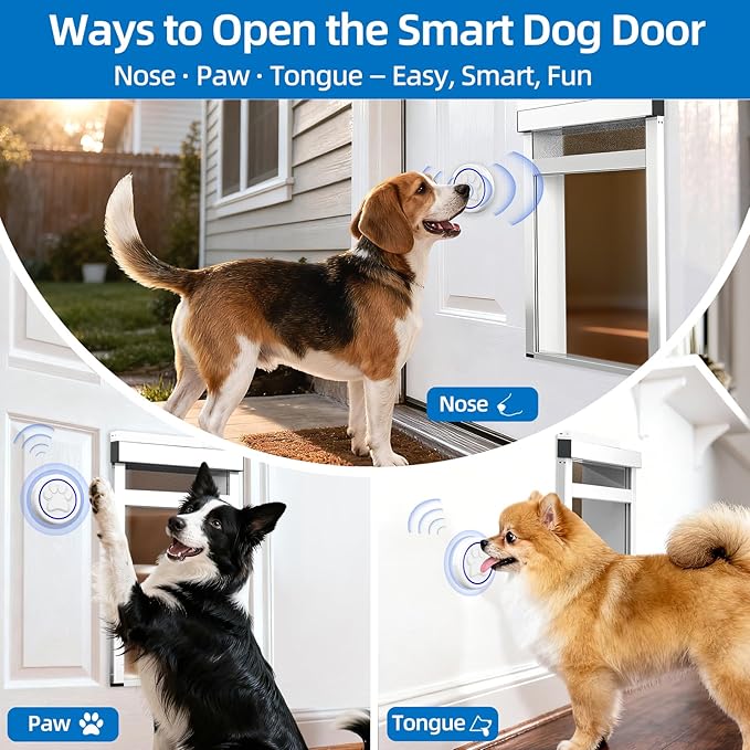 Automatic Dog Door with Doorbell Activation, 2-Flap Electronic Smart Pet Door with Anti-Pinch, No Collar Needed, Aluminum Lockable Weatherproof Telescoping Tunnel for Pets Up to 40 LB- M