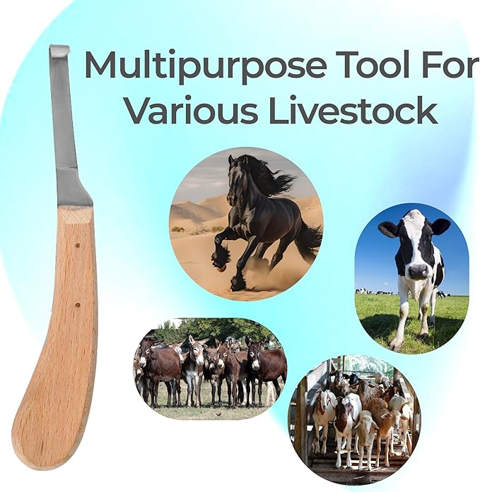 Hoof Knife Single Sided Edge Narrow Blade – Stainless Steel Curved Blade Farrier Tool with Fine Wooden Grip, Multipurpose Hoof Trimming Knife for Livestock, 3-Inch Blade, 8.5-Inch Overall