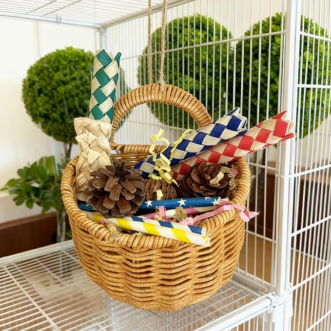 Natural Bird Toy Rattan Bird Foraging Box Parrot Shredding Toys Box Conure Chewing Toys for Cockatiel Lovebird Parakeet Budgie (Semi-Round 5.5inch)