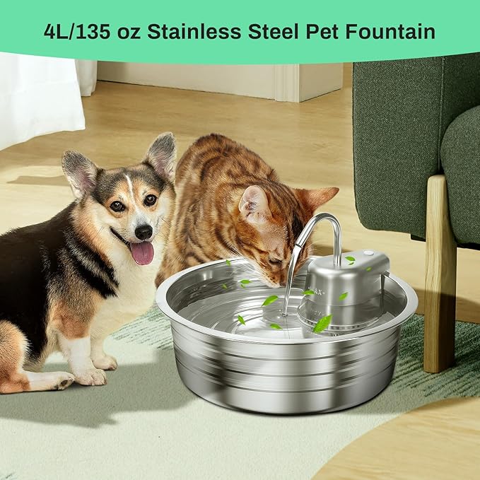 Cat Water Fountain, 4L/135OZ Stainless Steel Pet Fountain with 6 Filters Dog Water Dispenser, Dog Water Bowl Cat Drinking Fountains Watering Supplies with Ultra-Quiet Pump for Pets Indoor