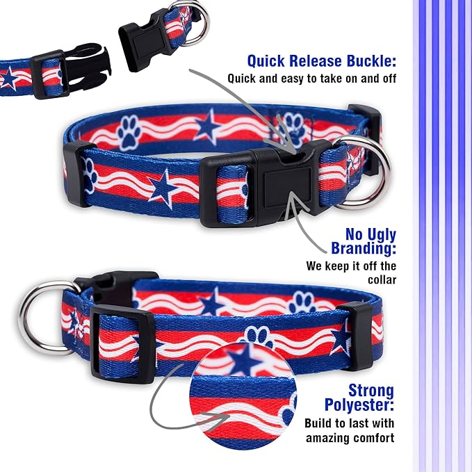 Native Pup American Flag Dog Collar- Red White and Blue- Patriotic Collars for 4th of July, USA- Adjustable Small, Medium, Large Breed Dogs (Small, Paws)