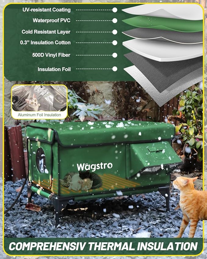 Heated Cat House for Outside, Insulated Weatherproof Heated Outdoor Cat House with Waterproof Eaves & Escape Door, Elevated Outdoor Cat Shelter for Feral Stray Cat (Green, 16.5"x13"x16.9")