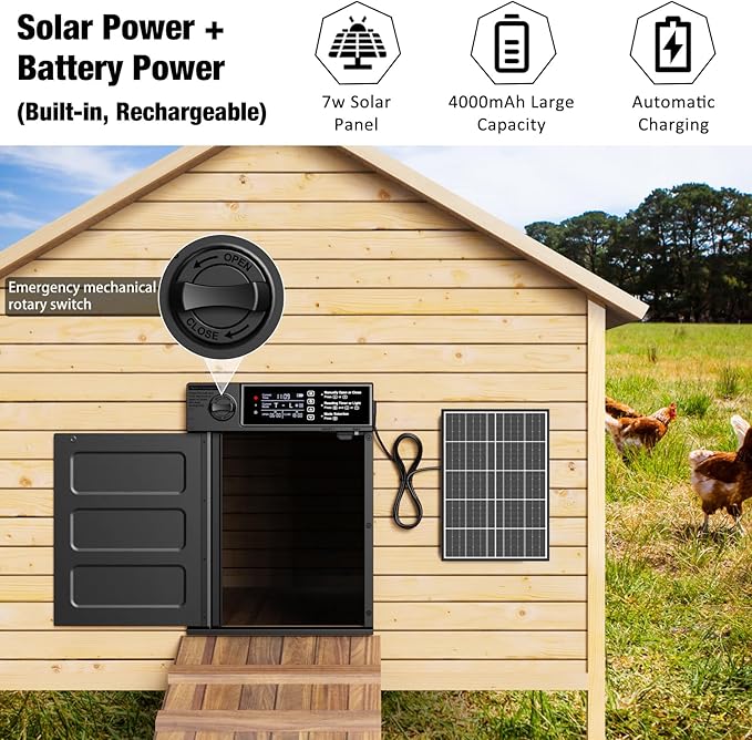 Automatic Chicken Coop Door, Large Size Solar Powered Coop Door with Opening in Emergency, Anti-Pinch, Timer & Light Sensor, Aluminum Waterproof Auto Chicken Door, with 7W Solar Panel
