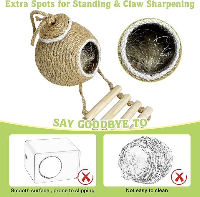 Tfwadmx Coconut Hide with Ladder, Natural Coconut Fiber Hanging Birdhouse Cage, Handmade Sisal Rope & Coconut Bird Shell Breeding Nest for Parrot Parakeet Lovebird Finch Canary (2 Pcs Brown)