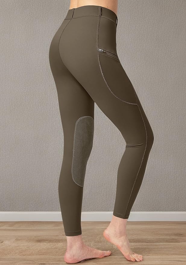 SANTINY Women's Horse Riding Pants with Zipper Pockets Knee-Patch Schooling Tights Equestrian Breeches for Women