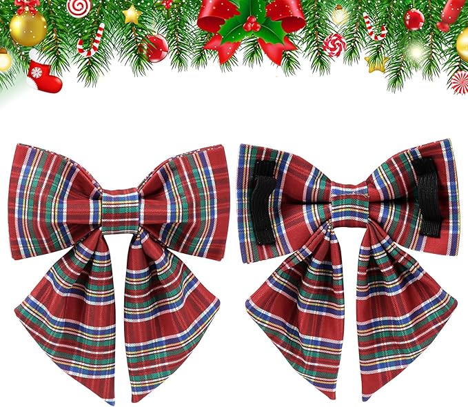 Christmas Plaid Dog Collar with Bow, Red and Blue Check Adjustable Pet Collar with Quick Release, Christmas Stripes Bowtie Collar for Small Medium Large Dogs S
