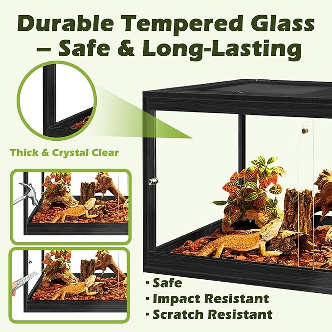 Prolee Tempered Glass Beard Dragon Tank 28 Gallon,Reptile Encloure and Snake Tank with Metal Mesh Roof Door,Locking Design Reptile Tank for Lizard,Gecko,Chameleon (24"X16"X16", Black)