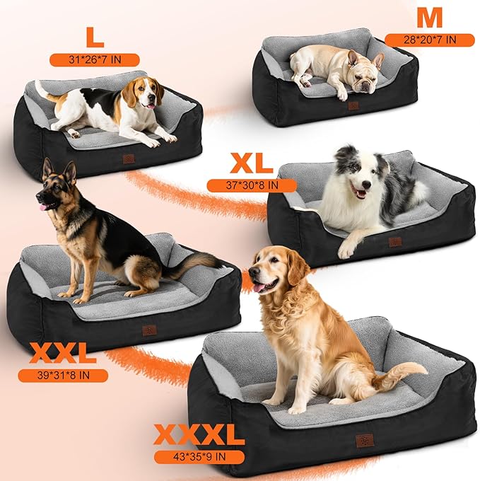 Dog Bed for Large Dogs, Rectangle Washable Orthopedic Dog Bed, Soft Calming Sleeping Bed Durable Pet Cuddler with Anti-Slip Bottom, 31”x26”x7”, Black
