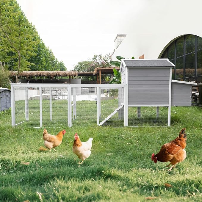 KEIKI 113" Large Outdoor Wooden Chicken Coop with Run and Nesting Box, Waterproof Hen House with Anti-UV Roof, Secure Latches, and Openable Top for Backyard Poultry, Gray