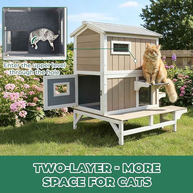 Insulated Cat House for Winter, Wood Two Story Outdoor Cat House Weatherproof with Cat Scratching Cloth, 3 Jumping Platforms, 3 Doors, Outside Indoor Clawsable Feral Cats Shelter for Small Animals