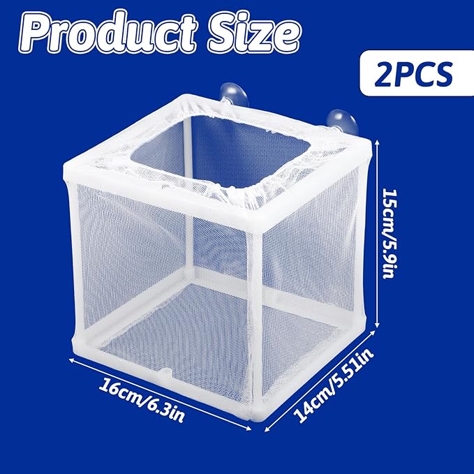2 Pack Fish Incubator Mesh Box Aquarium, 6.3" x 5.51" x 5.91" Breeder Box for Fish Tank White Nylon Mesh Fishes Breeder Boxes for Aquarium Juvenile Fishes Separation Net Fry Hatchery with Suction Cups