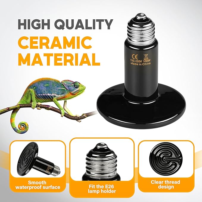 HealSmart 100W Reptile Heat Lamp Ceramic Heat Emitter, No Light Emitting Heat Bulbs, Suitable for Snake/Lizard/Spider, Plant Growth and Incubating Chicken, 2-Pack