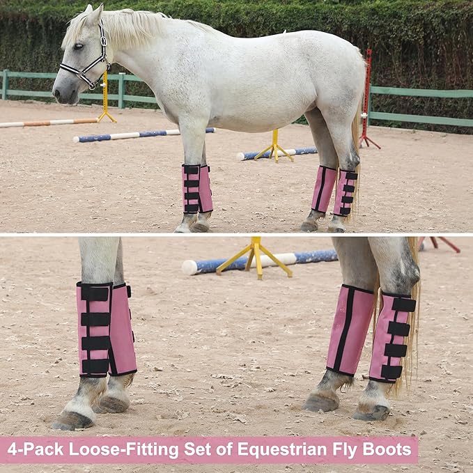 Horse Fly Boots Set of 4 - Non-Slip Leg Guards Extra Tough Mesh Ventilated, Adjustable Horse Fly Leggings Reduce Stomping & Hoof Stress & Leg Fatigue Pink Small