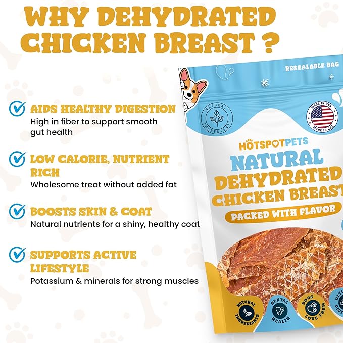 hotspot pets Dehydrated Chicken Breast Tenders- USA Chicken Breast -1lb Reasealable Bag, All-Natural, Made in USA - High Protein, Low Fat, Raw Dehydrated Chicken Breast Fillets Dog Treats