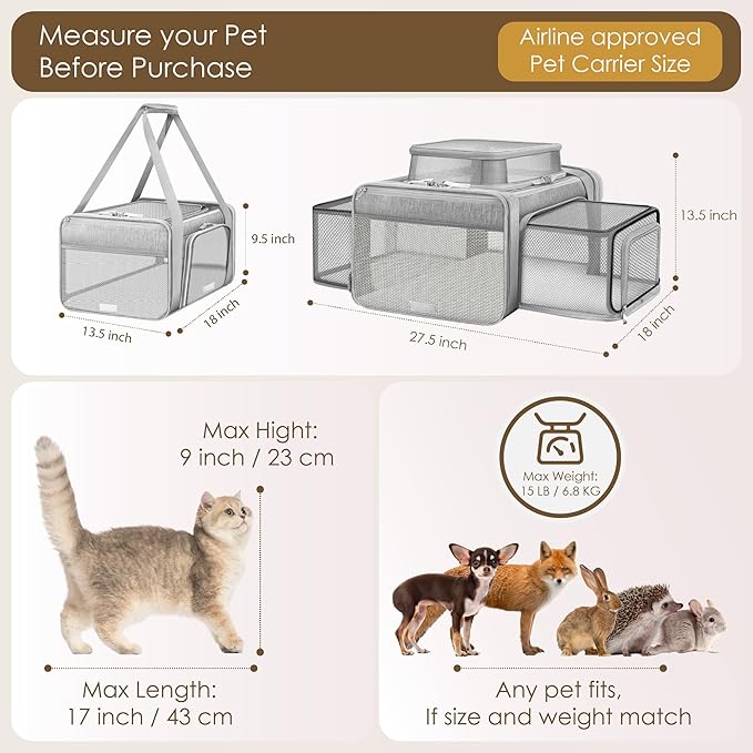 Top and 2 Sides Expandable Cat Carrier 18x13.5x9.5, TSA Airline Approved Dog Carriers for Small Dogs, Soft-Sided Pet Carrier with Self-Locking Zippers for Kitten,Rabbit, Puppy, Guinea Pig Grey