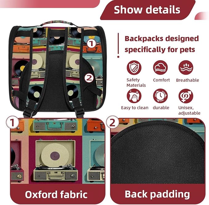 Color Record Player Pattern (1) Cat Carrier Backpack,900D Wear-Resistant Oxford Fabric, Dog Carrier Cat Backpacks Suitable for Travel