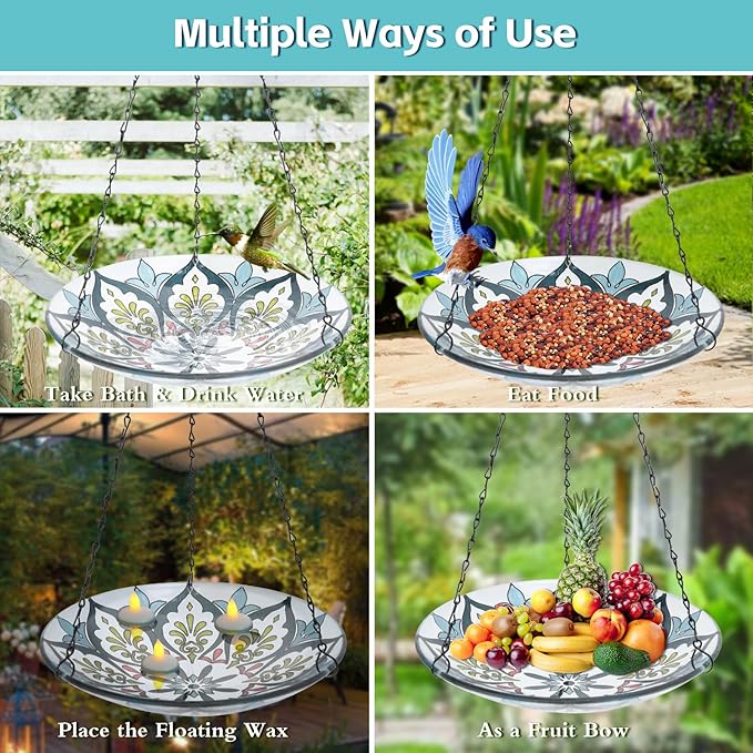 MUMTOP Hanging Bird Baths for Outdoors - Glass Bird Bath, 11 Inch Hanging Bird Bath Bird Feeder Bowl for Outside, Garden, Lawn Yard Decor (Green Kaleidoscope)
