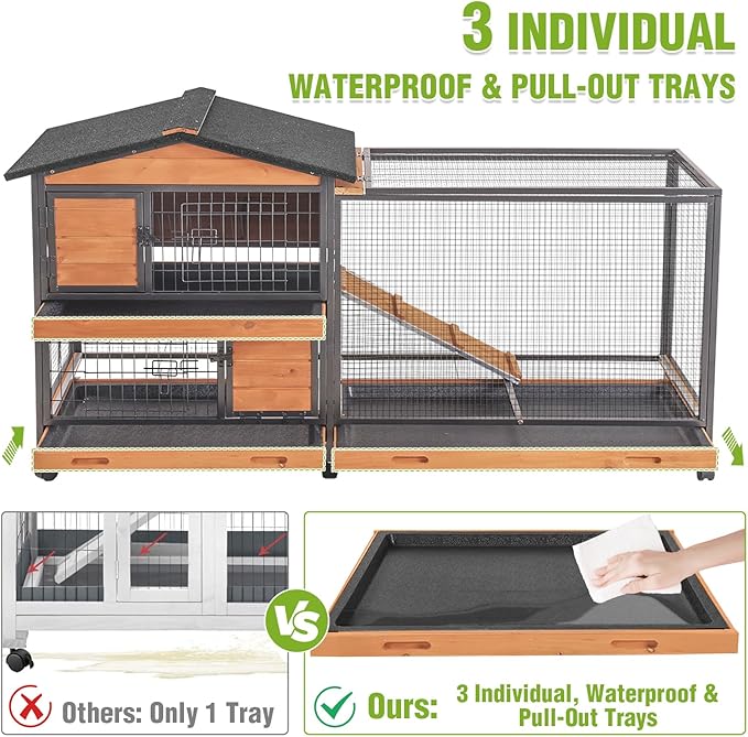 Gutinneen 2-Story Rabbit Hutch Indoor Bunny Cage Large Rabbit Cage Outdoor with Chew-Proof Full Metal Frame, Locking Wheels, 2 Pull-Out Trays for Rabbits, Guinea Pigs, Small Animals (Brown & Black)