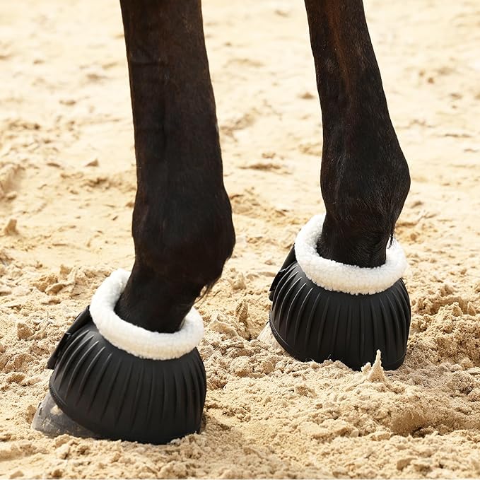 Harrison Howard Rubber Pull-on Bell Boots with Fleece Lining and Extra-Large Leather Touch-Close Tape Hoof Overreach Protection for Horses Sold in Pairs Black L