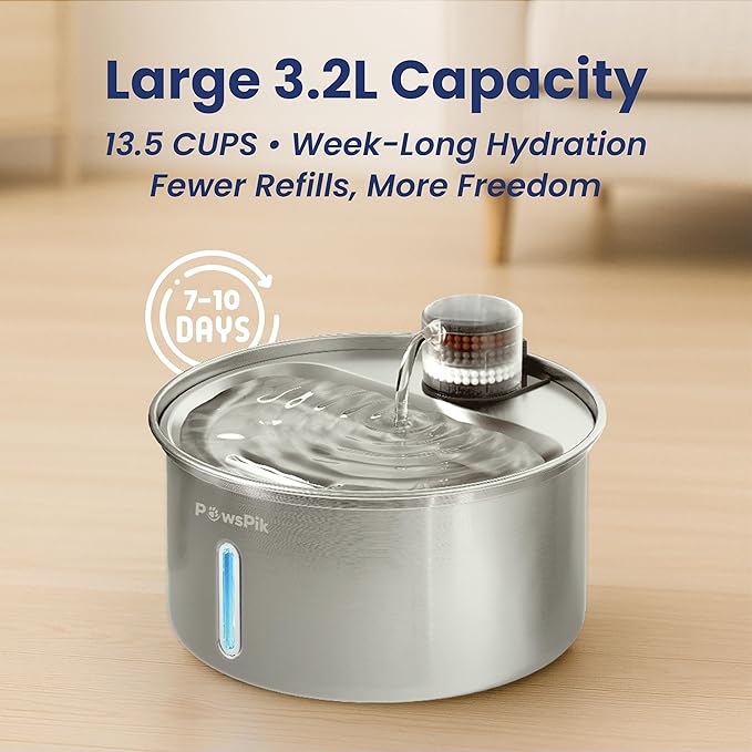 PawsPik PureFlow MAX Automatic Pet Water Dispenser, Stainless Steel Curve Dog & Cat Water Fountain, 3.2-Liter for Fresh, Long-Lasting Hydration