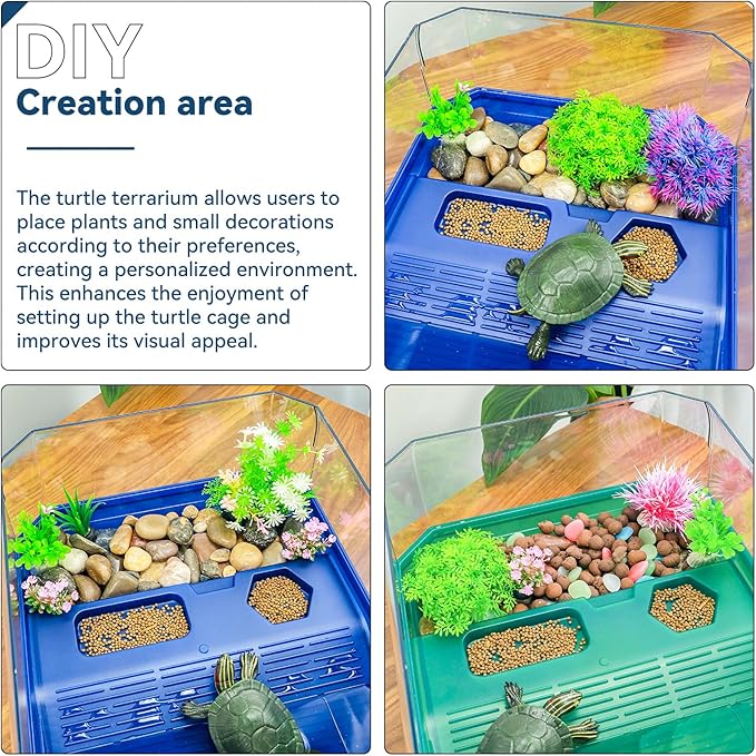 Aquatic Turtle Tank Habitat Kit Stone+Filter+Heat Lamp Enhancing Interaction with 360° Viewing, Standalone Filtration, DIY Creative Zone, Enriched Living (Green, X-Large[with Light])
