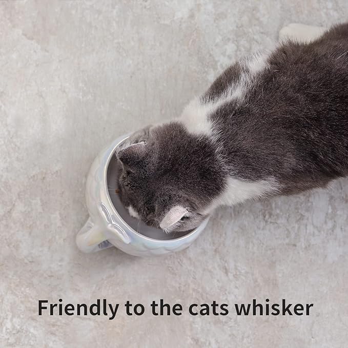 Nihow Cat Food Bowl: 5.7 Inch Ceramic Raised Cat Dish - Elevated Pet Bowl for Protecting Pet's Spine - Colorful White (4OZ /1 PC)