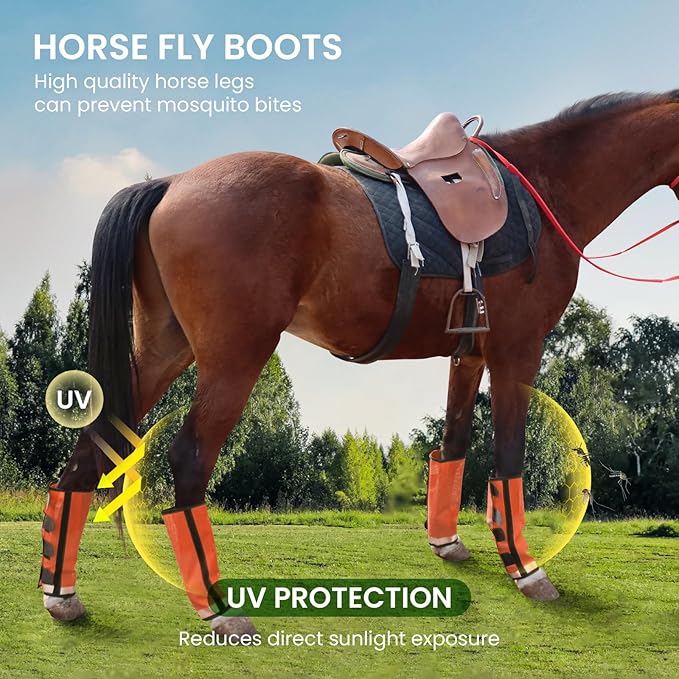 Fly Boots for Horses Set of 4 Leg Wraps Protection, Mesh Horse Fly Leggings Breathable Tendon Boots for Reduces Stomping & Leg Fatigue Orange Large