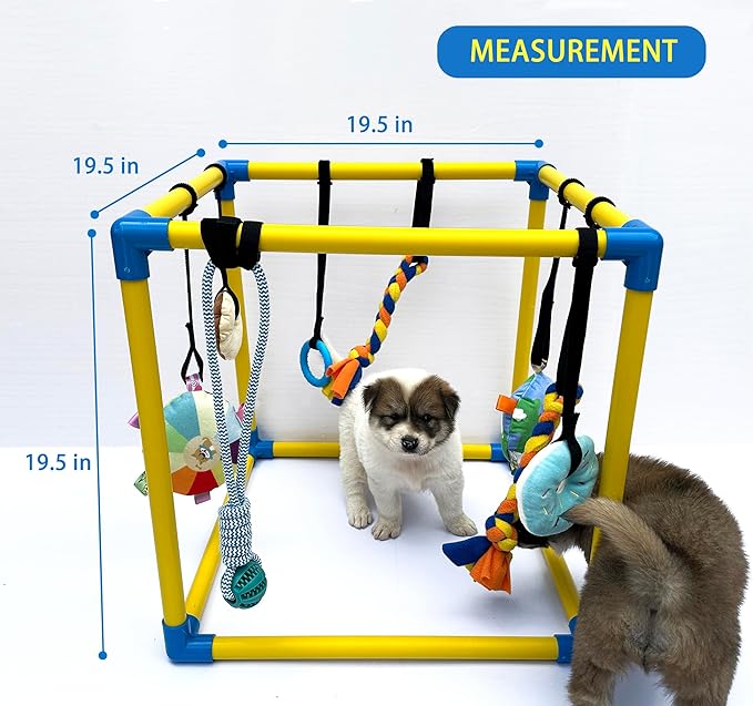 Dewonch Puppy Play Gym with 8 Hanging Toys, Small Dogs Indoor Jungle Gym, PVC Frame with Bungee Straps Enrichment Activity Center