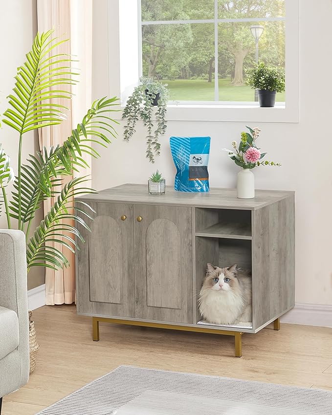 Cat Litter Box Enclosure Enclosed, Hidden Litter Box Cabinet Furniture with Storage, Wooden Indoor Cat House Large, Modern End Table for Living Room Entryway, Greige and Gold CB01505G