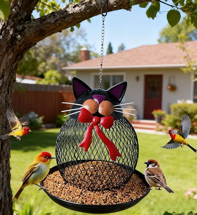 Upgraded Outdoor Bird Feeder, Squirrel-Proof Metal Wild Bird Feeder, Hanging Design, Perfect for Garden & Yard Decor, Cute Cat Shape