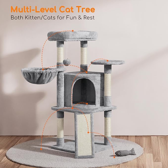 Yaheetech Cat Tree, 42in Cat Tower for Indoor Cats, Pet House with Large Perch & Scratching Posts & Cozy Condo & Scratching Ramp, Cat Activity Center Furniture, Light Gray