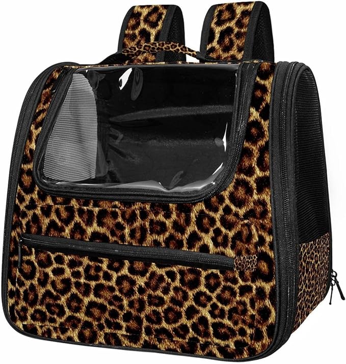 Portable Travel pet Backpack Carrier Hamster Bag Small Dog cat Carrier Breathable Hang Bag, Brown Leopard Print