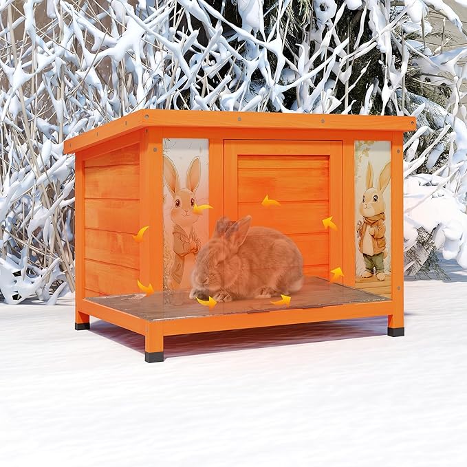 COZIWOW 24 Inch Rabbit Hutch with Insulation Layer, All-Weather Wooden Bunny Cage, Indoor Outdoor Weatherproof Pet Shelter for Winter, Rabbits/Cats/Chicken, Orange