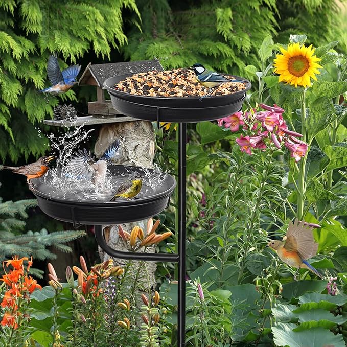 Freestanding Birdbaths Bowl Outdoor, Standing Garden Bird Bath Bird Feeder & Bird Bath Bowl, Detachable Decoration Spa Birdfeeder for Garden Patio Yard Lawn, 4 Spiky Metal Stake (Black)