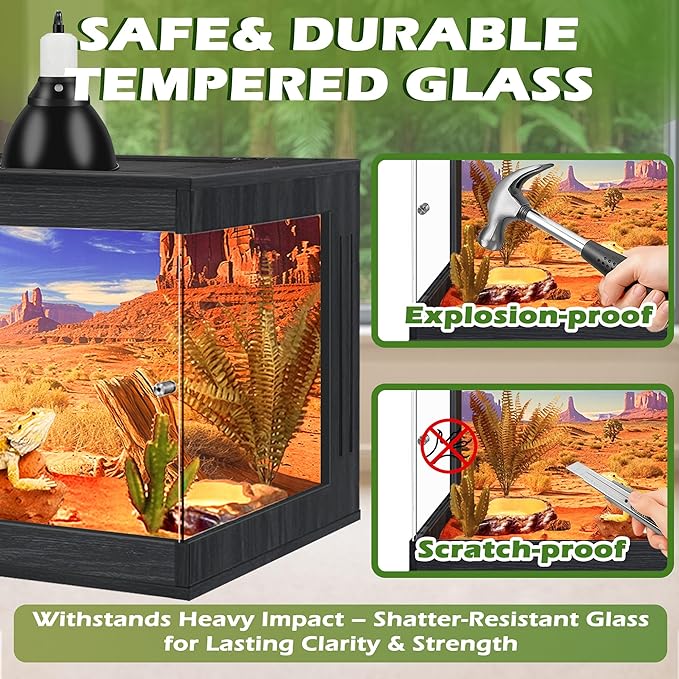 Royxen Bearded Dragon Tank, Tempered Glass Reptile Terrarium with Metal Mesh Top, 3-Side Clear Anti-Scratch Glass Lizard Tank for Reptile Habitat, Black,60 Gallons
