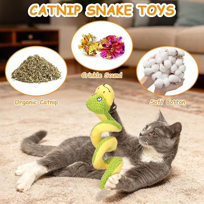Retro Shaw Cat Toys, 14 Inches Crinkle Snake Cat Toy with Catnip & Silvervine - Interactive Chew Toy for Cats, Realistic Stuff Snake for Biting & Play, Suitable for Large-Breed Cats