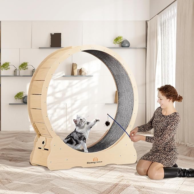 Homegroove Cat Exercise Wheel for Indoor Cats, 46" Large XL Cat Running Treadmill Wheel with Carpeted Runway for Kitty’s Longer Life, Natural Wood Color(XL)