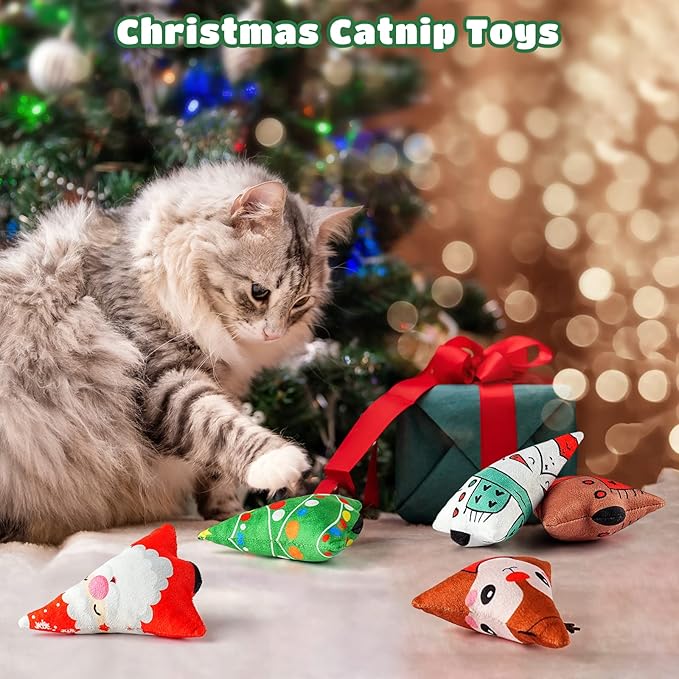 Christmas Catnip Toys Interactive Cats 5PCS Cat Nip Toy/Kitten Chew Plush Gift/Best Play Kick Stuff/Kitty Stuffed Teething Pillow/Cute and Soft Dental Gifts (5 types of Christmas decorations)