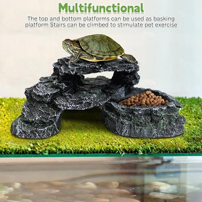 PINVNBY Reptile Hide Resin Turtles Dock for Aquarium (Size: 7.1 x 4.7 x 2.7 inches), Turtle Basking Platform for Small Size Snake Crested Gecko Lizard Frogs Newts