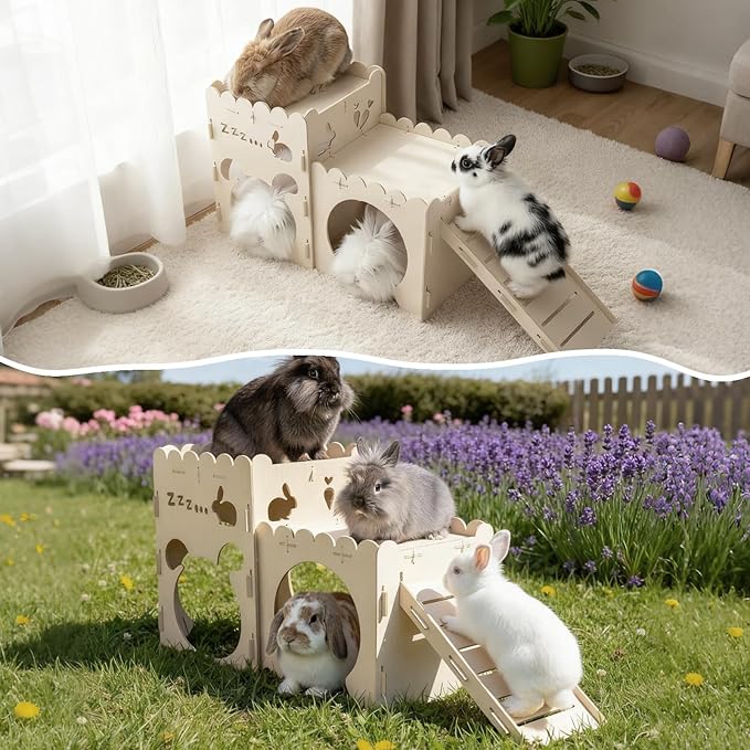 Large Rabbit Castles,Bunny Castle,Wooden Bunny House,Detachable Hamster Hideaway, Indoor Guinea Pig Castle with Ramp, Small Animal Houses & Habitats