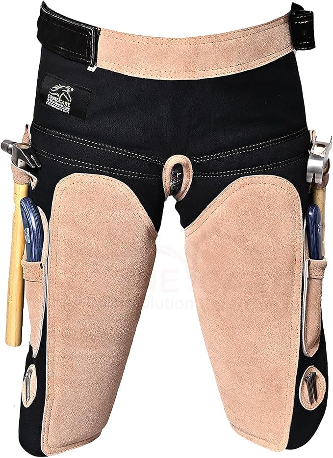 Equine Care Farrier Apron Chaps for Men 25" Cowhide Suede Leather & Canvas, Adjustable 28"-52" Waist, 2 Hammer Loops, Hoof Knife Pockets & Nail Magnets, Air Mesh, Farrier Tools for Hoof Trimming.