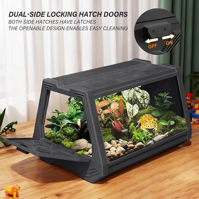 Reptile Terrarium,Anti-Breakage Lizard Cage, High-Transparency Viewing Window,Dual-Side Escape-Proof Doors,Integrated Lighting,Ideal for Mini Gecko,Insect,Tarantula,Frog，Gray