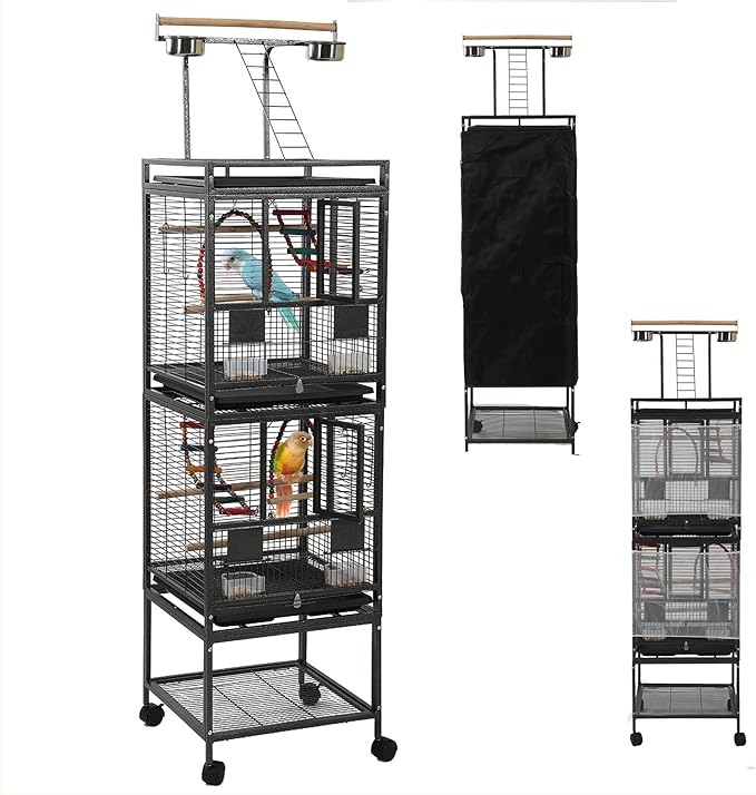 68" Double Bird Cage,Stackable Divided Parakeet Cage, Parrot Cages for Medium Birds with Bird cage Cover,Birdcage Seed Catcher,for Cockatiels Canaries Lovebirds Finches Budgies Small Parrots