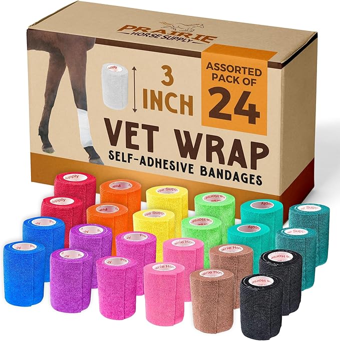 3 Inch Vet Wrap Tape Bulk (Assorted Colors) (Pack of 24) Self Adhesive Adherent Adhering Flex Bandage Grip Roll for Dog Cat Pet Horse