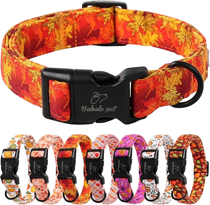 Fall Dog Collar, Gold Maple Leaves Pattern Fall Thansgiving Puppy Collar, Soft Adjustable Cotton Holiday Dog Collars for Small Medium Large Boy&Girl Dogs L
