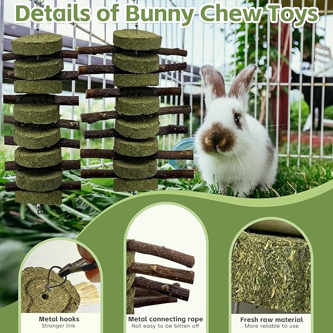 kathson 8PCS Bunny Chew Toys for Teeth Grinding, Chinchilla Treats Organic Bamboo Sticks Natural Fruitwood Branches for Rabbits Guinea Pigs Hamsters (Fruitwood Sticks+Alfalfa Cakes)