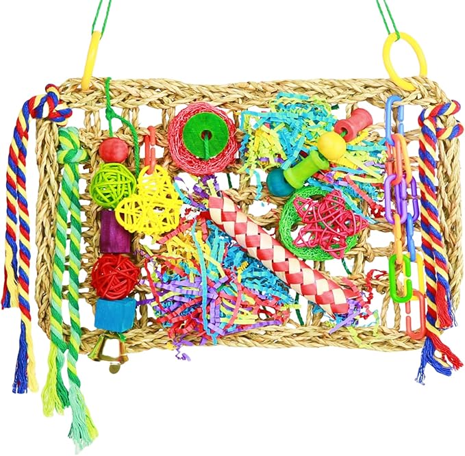 Bird Toys, Large Size Parrot Toy, Parakeet Toys for Bird Foraging Conure Hammock Swing,Grass Mat with Colorful and Various Chew Toys for Climb, Shredder, for Cockatiel, Lovebird(Large)