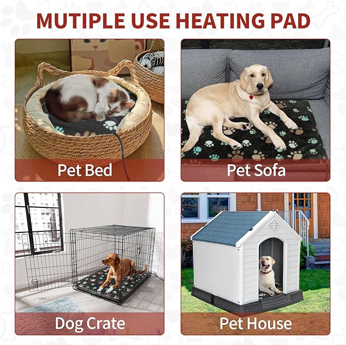 Pet Heating Pad 20x16 in with Smart Thermostat Switch and Power Line Protection Tube,Obtained MET and UL Dual Certification,Waterproof Pet Heating Pad for Dogs with Plush Fabric Cover-Black