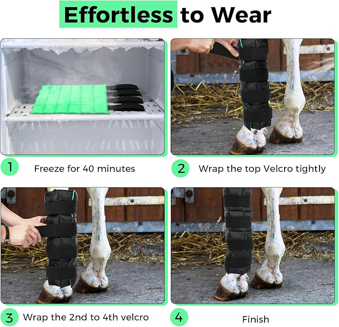 Reusable Gel Horse Ice Boots (Set of 4) - Adjustable Leg Wraps for Cooling Relief on Hocks, Knees & Ankles, Durability & Cooling in Active Horses